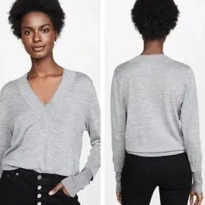 Veronica Beard Tatiana Wool Blend V-Neck Sweater with Metallic Trim